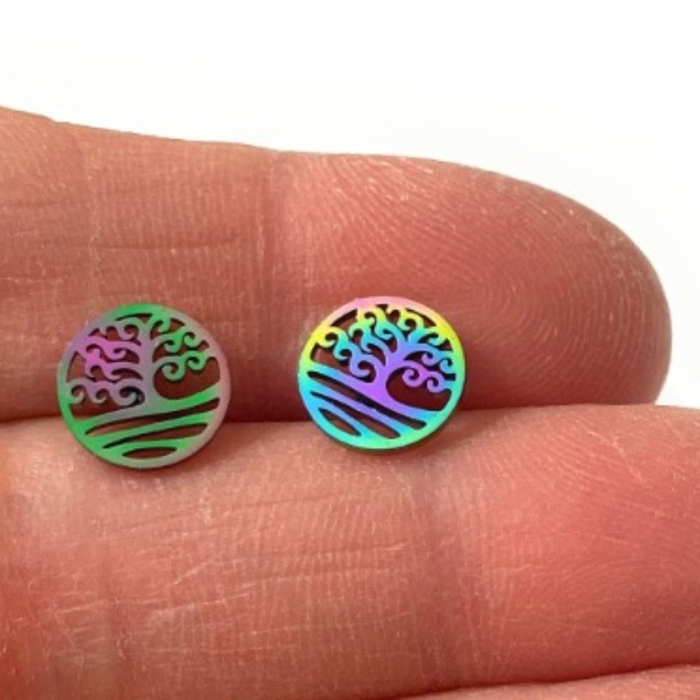 Multi Color Stainless steel minimalist Tree of Life post stud Earrings /PM3